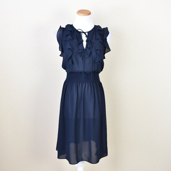 Rebecca Taylor Ruffle Sheer Navy Dress - 2 - Picture 1 of 9